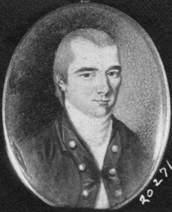 Miniature portrait of Barnabas Binney, image is in black and white. Depicts a white male wearing a dark coat with light buttons and white shirt underneath