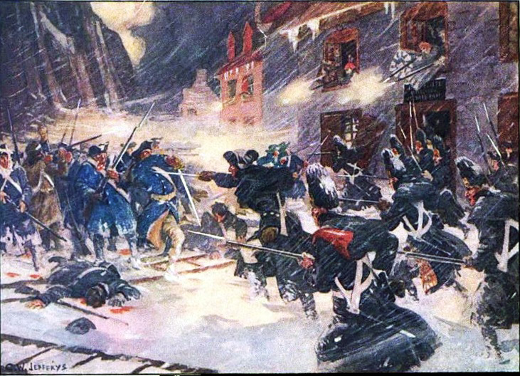 A painting of English and American soldiers wearing heavy blue costs fighting with muskets and bayonets on the snow covered streets of Quebec during the Battle of Quebec in December of 1775.