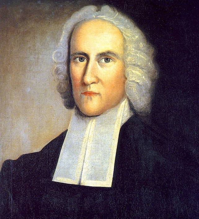 Painting of Theologian Jonathan Edwards. He is wearing a white wig and has a large white collar that spills down the front of his black robes.
