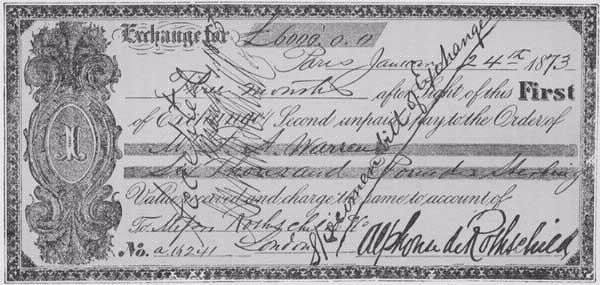 An image of a bill of exchange for 6,000 pounds from January 24, 1873