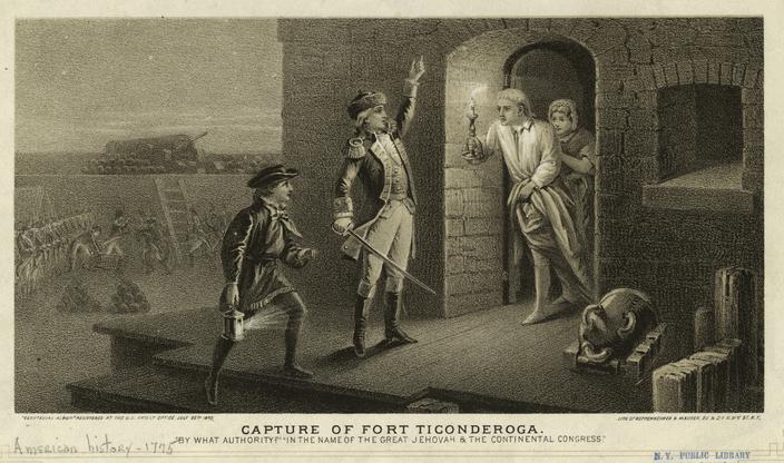 1875 engraving depicting the capture of Fort Ticonderoga by Ethan Allen on May 10, 1775. On the right is a brick building with a window and door. In the doorway is a man holding a candle with a woman behind him. At center is a man in military dress and to the left is another man in lesser military dress with a lantern. In the background you can see soldiers, cannon balls and a ladder up to the fort wall.