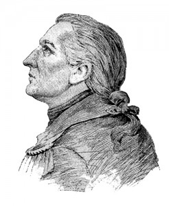 Black and white sketch of Major General John Paterson, he is in profile with a prominent nose and a ponytail.