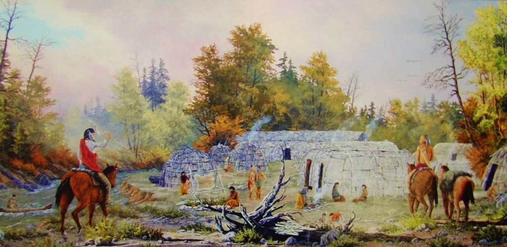 Illustration of Native Village, courtesy of Stockbridge-Munsee Community, Arvid Miller Library and Museum. Two men on horseback, wigwams and longhouses in the background, 8 villagers, tree around village