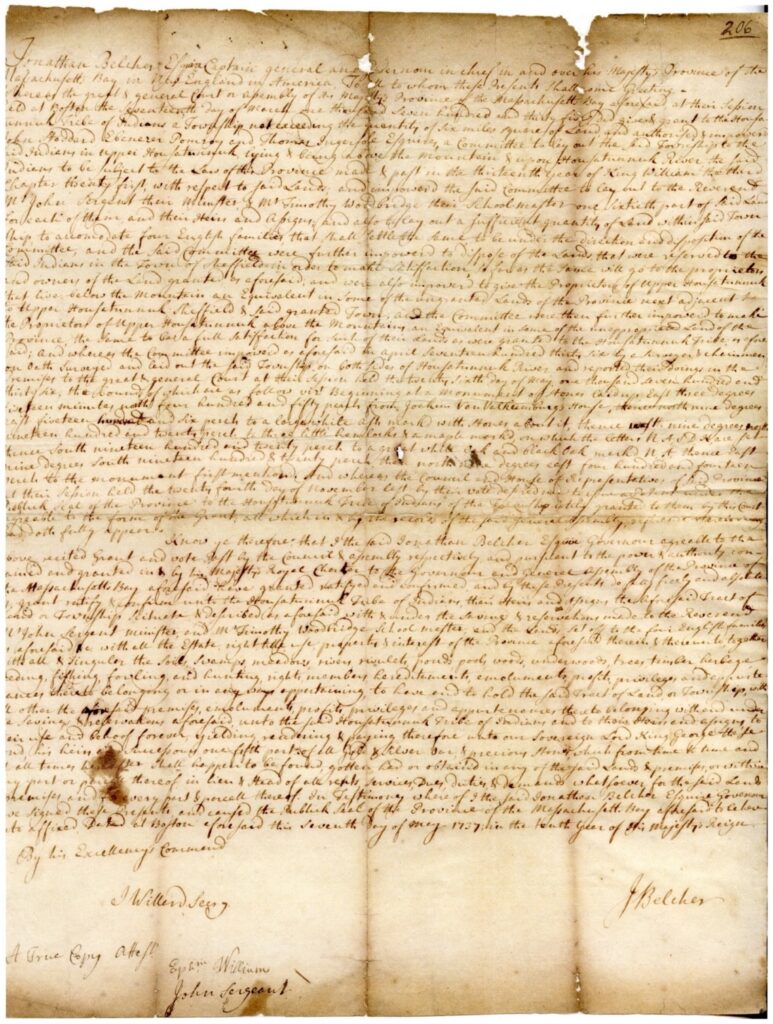 An image of the original Indian Town charter, hand written in 1737 and singed by J. Willard, J. Belcher, Ephraim Williams and John Sargeant.