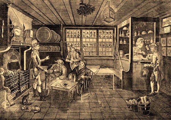 18th century mezzotint of a tavern interior. There is a fireplace to the left with a man standing in front of it. Next to him is a table with 2 men seated and one man behind with a basket on his back. At the right is the bar where a woman is pouring a man a drink. There is a window in the middle and a basket of vegetables in the foreground on the lower right.