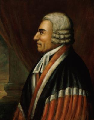 Profile painting of a man wearing a white wig, a white cravat and red, black and white judges robes